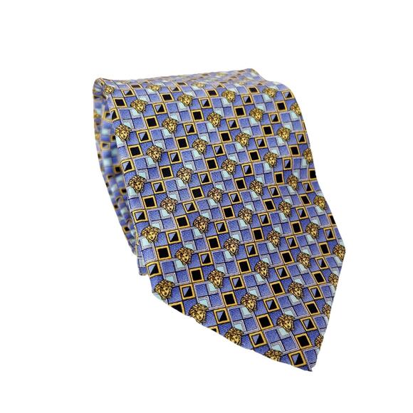 VERSACE logo pattern necktie Blue silk Men's Accessories made in Italy Used - Picture 4 of 6